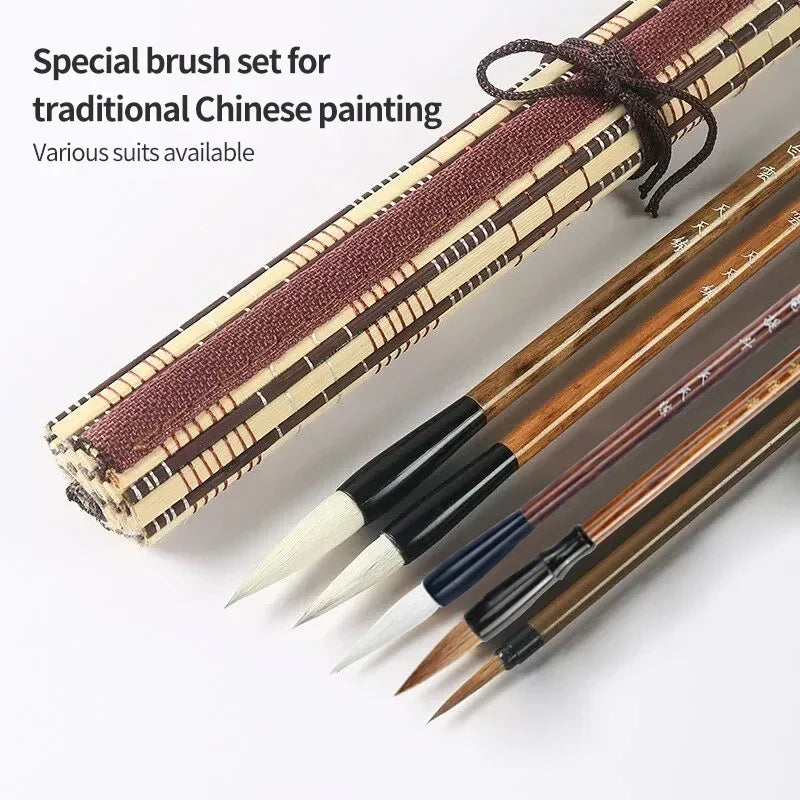 6/9/12/16Pcs Chinese Calligraphy Brushes Set with Roll-up Bamboo Brush