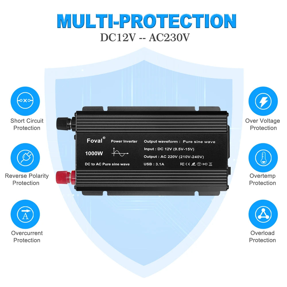 Pure Sine Wave 1000W 1500W 2200W 2600W DC 12V To AC 220V Car Power