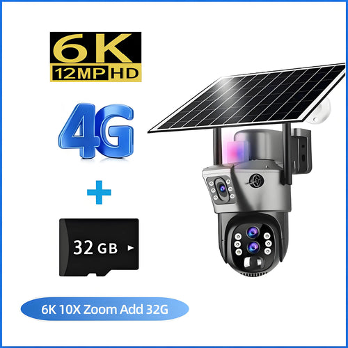 10x Zoom 4G SIM Solar Camera Outdoor 6K 12MP Three Lens HD Night