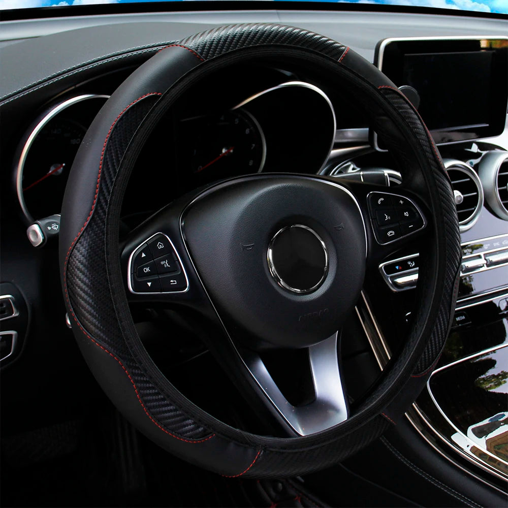 PU Carbon Fiber Leather Car Steering Wheel Cover without Inner Ring