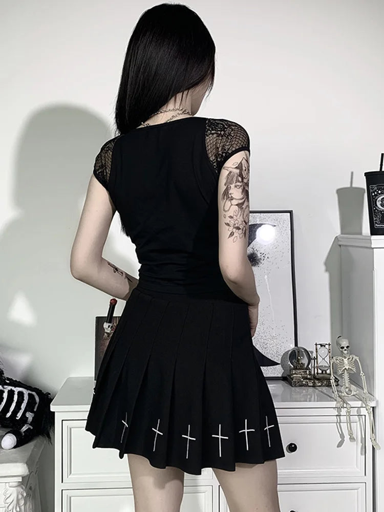 Vintage Tops Goth T-shirt Women Bodycon Bandage Lace Black T-shirts