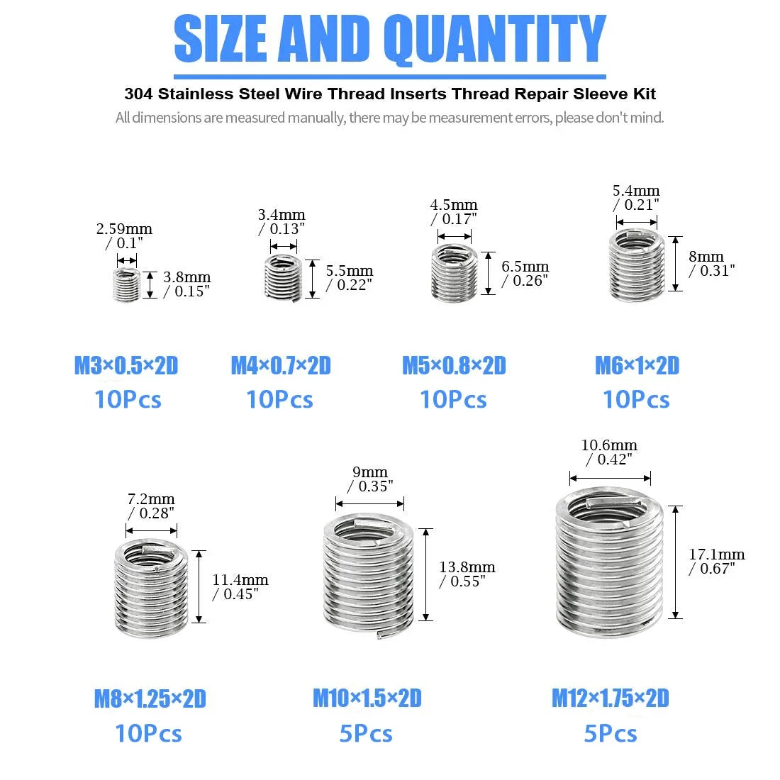 60Pcs Wire Thread Insert M3 M4 M5 M6 M8 M10 M12 Fastening Thread