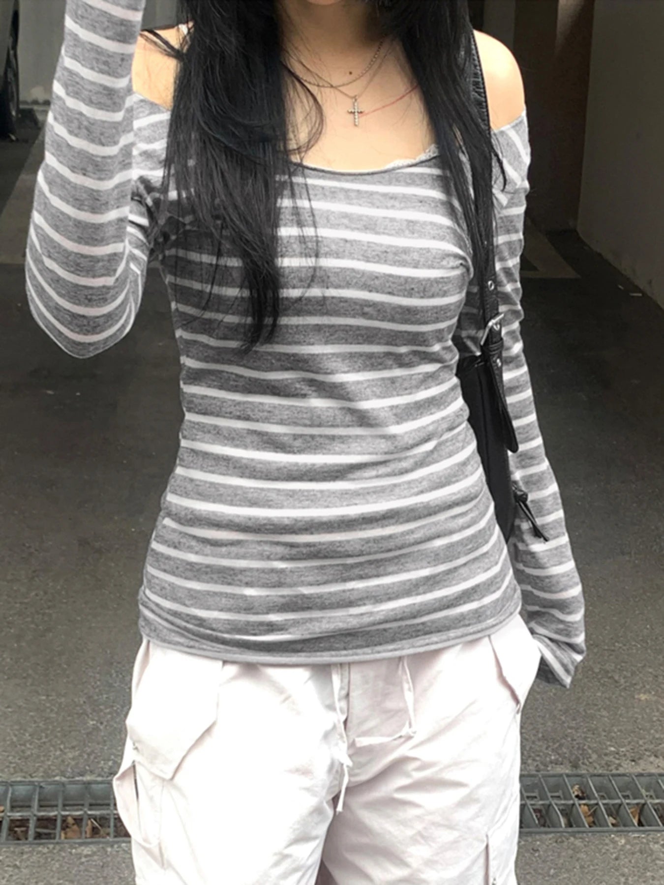 Sweetown Japanese Basic Slim Long Sleeve Stripe Tee Off Shoulder O