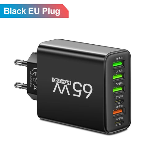 Total 65W 6 in 1 4 USB 2 Type C Quick Charging Fast Wall Charger For