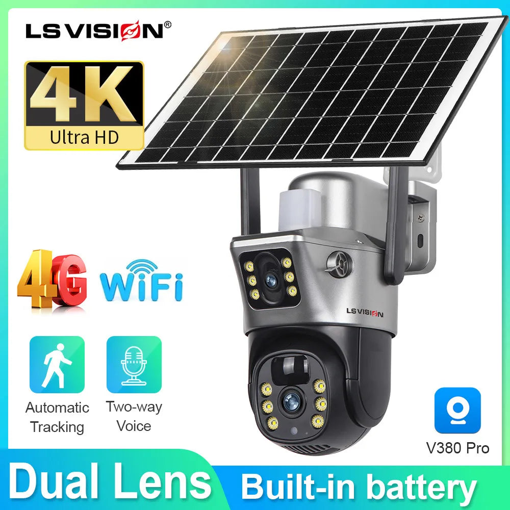 LS VISION 4K Solar Camera 8MP 4G SIM Card Dual Lens Screen Wifi