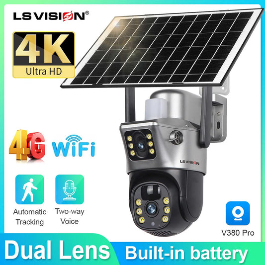 LS VISION 4K Solar Camera 8MP 4G SIM Card Dual Lens Screen Wifi