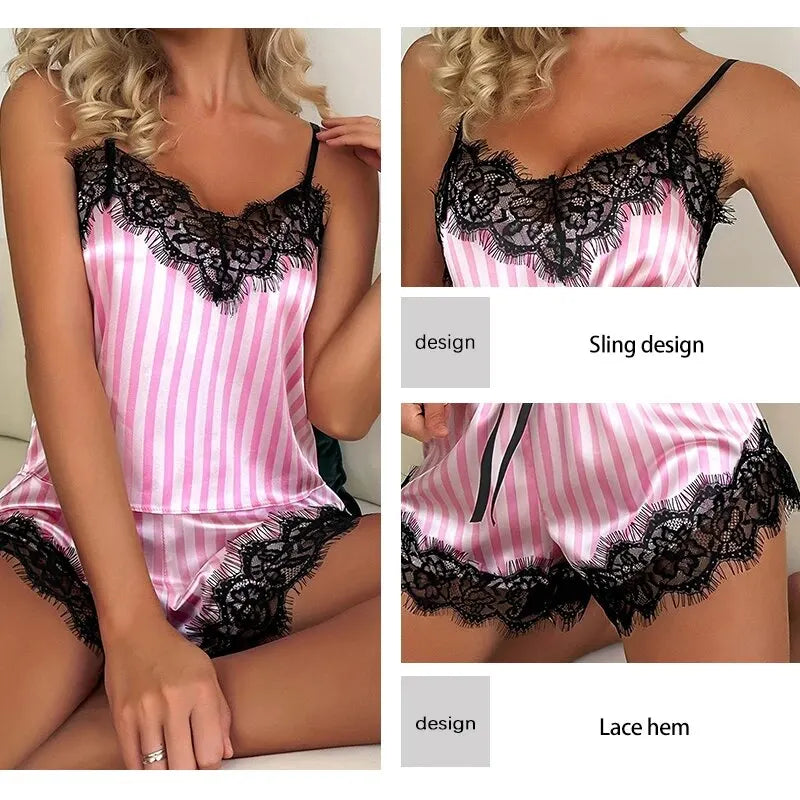 Summer Women's Sexy Home Casual Camisole Pajama Set with Pink and