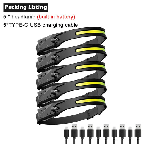 LED Sensor Headlamp Built-in Battery USB Rechargeable Head Flashlight