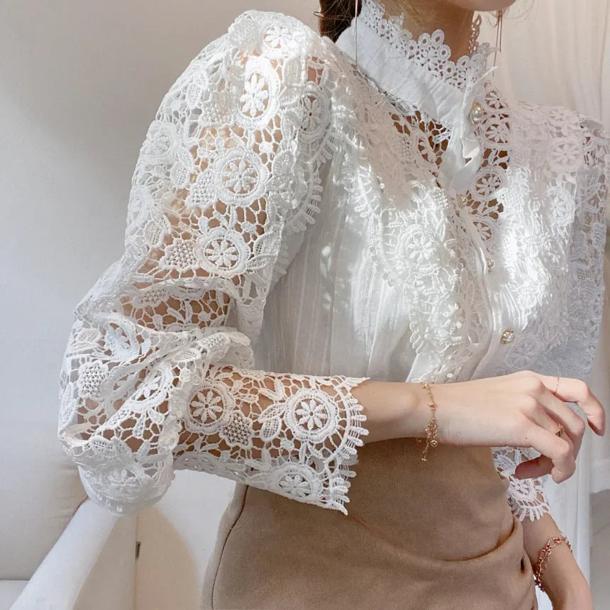 Fashion Long Sleeve Women Blouse Hollow Out Lace Blouse Shirt Tops