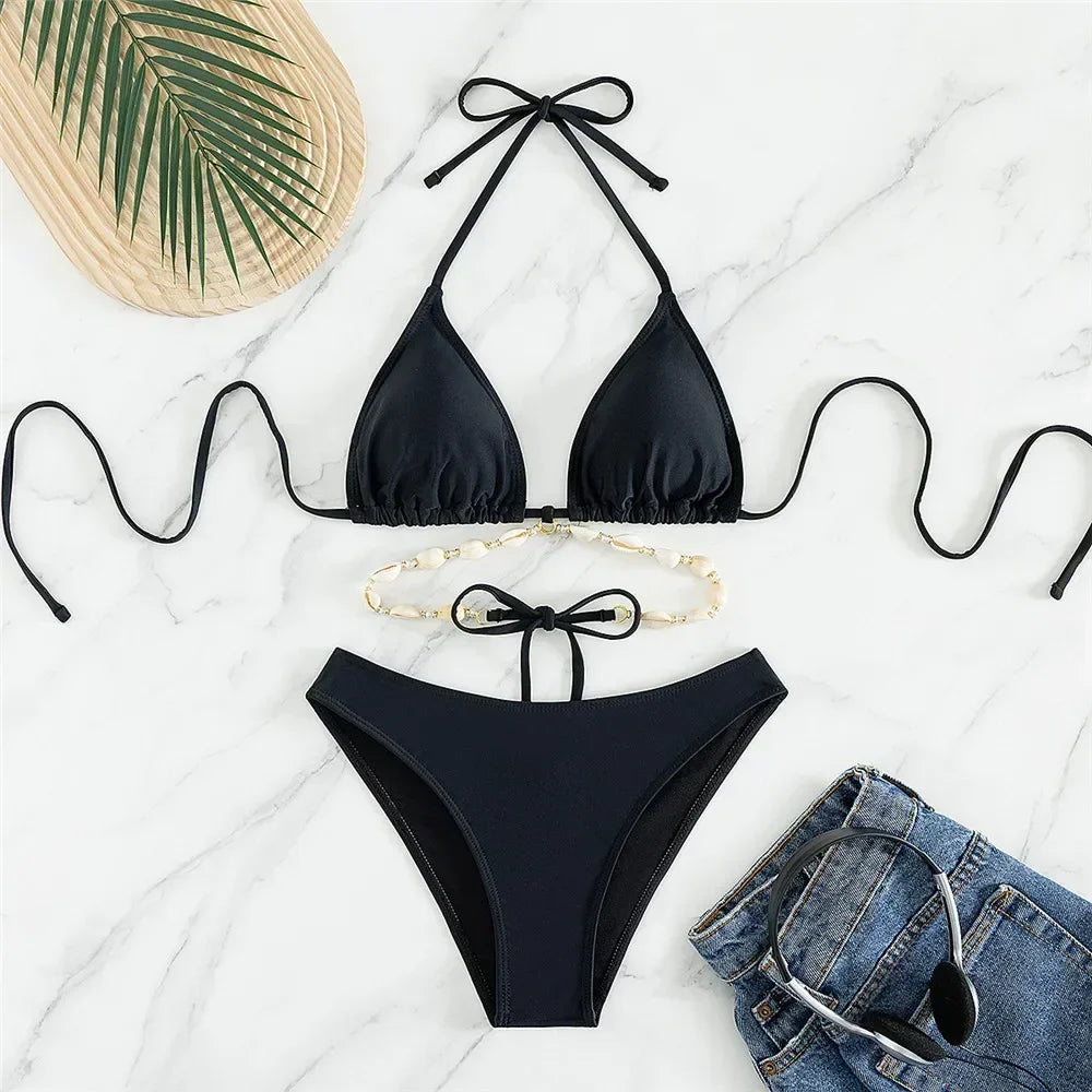 Sexy White Shell String Halter Triangle Bikini Set Women Swimwear