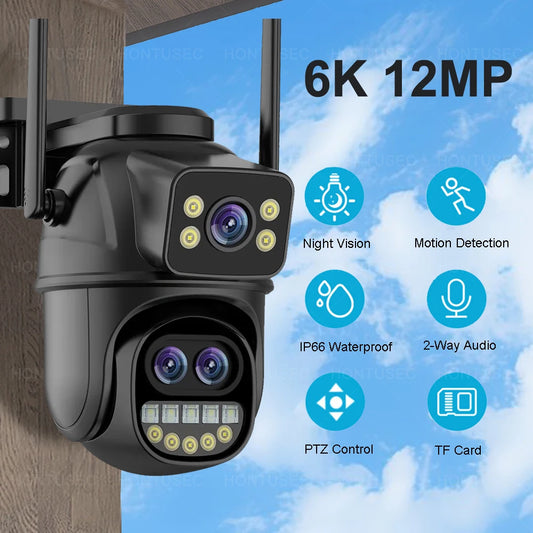 6K 12MP ICSEE Wifi Security Camera 3 Lens Dual Screen 8X Zoom Outdoor