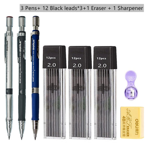 Mechanical Pencil Set 2.0 mm with 2B Black/Colors Lead Refill For