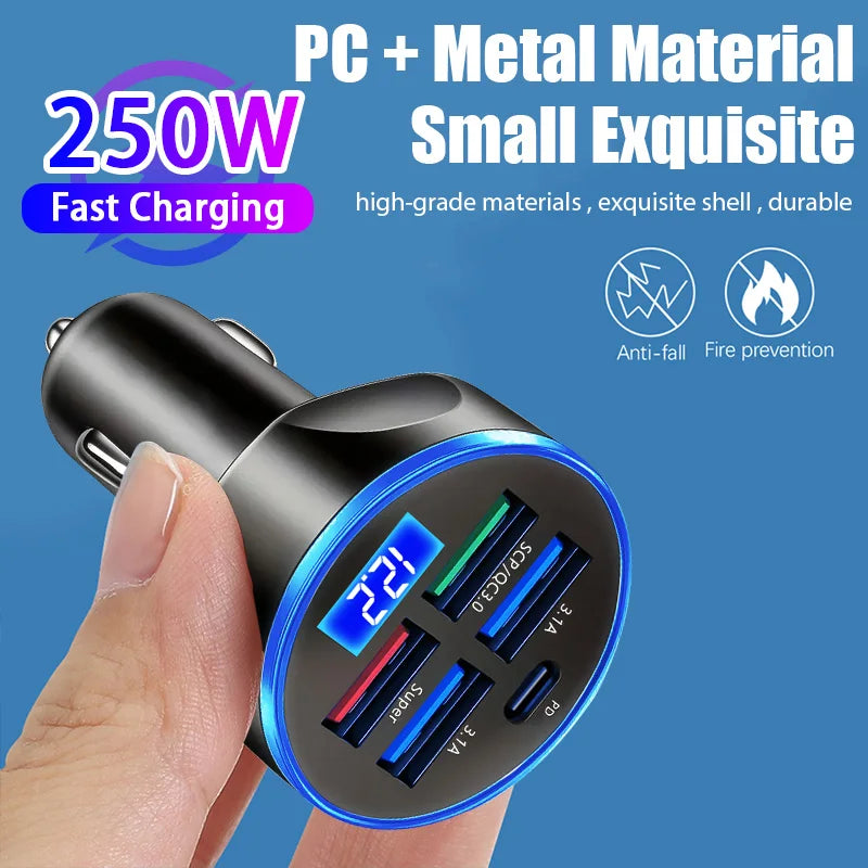 250W 5in1 Car Charger Adapter USB Type C PD Fast Charging Quick Charge
