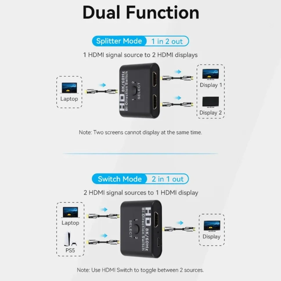 8K 60Hz HDMI-Compatible Switch Splitter Bi-Direction 1x2/2x1