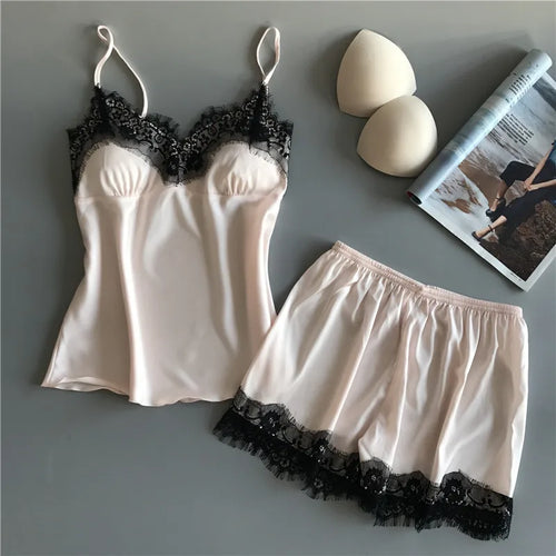 2Pcs Women's New Pajama Set Cute Fashion V-Neck Lace Sexy Lingerie