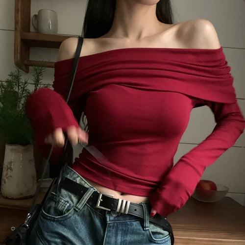 Black Sexy Tops Off Shoulder Long Sleeve T-shirt Women's Solid Elegant