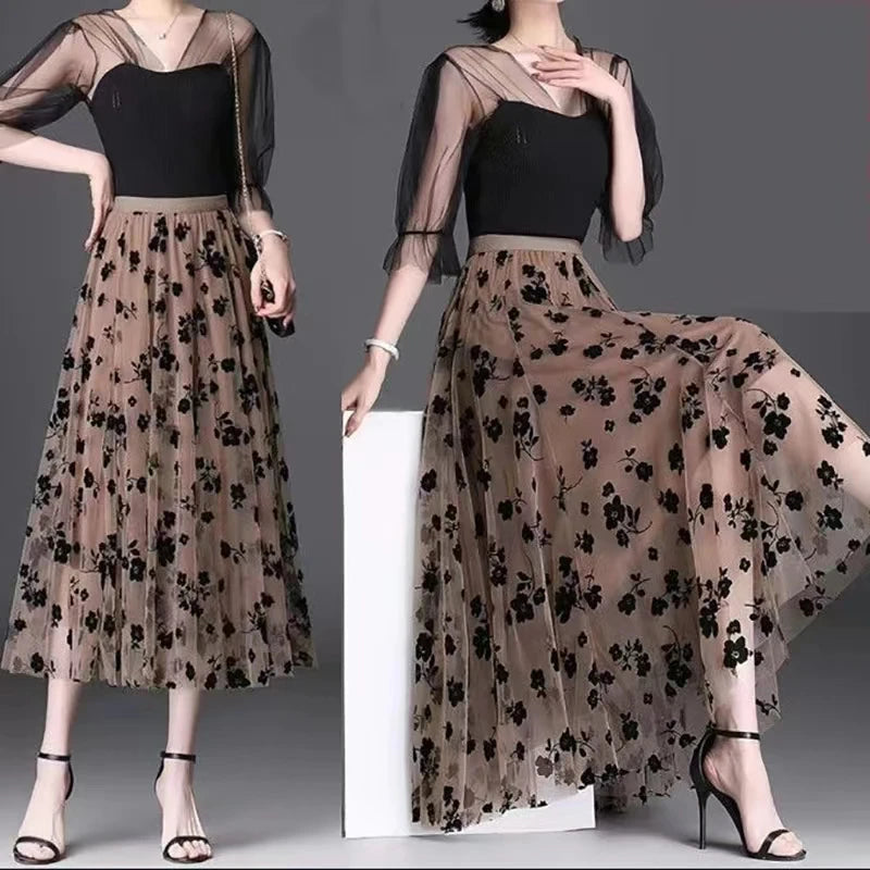 Korean Women Tulle Skirt Fashion Summer Hook Floral Loose Midi Skirt