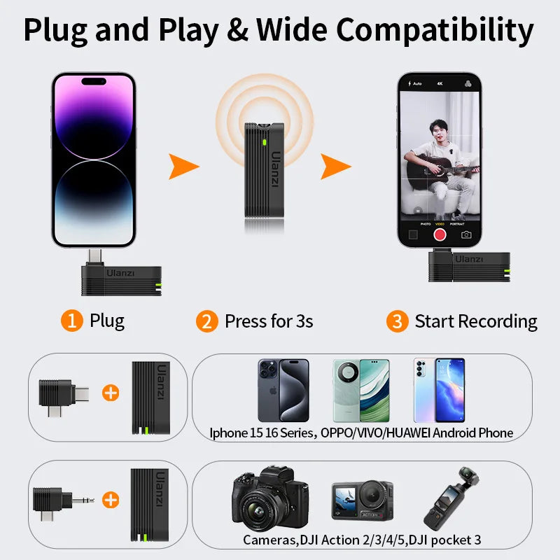 Ulanzi A100 Wireless Lavalier Microphone Professional 20M Audio Video