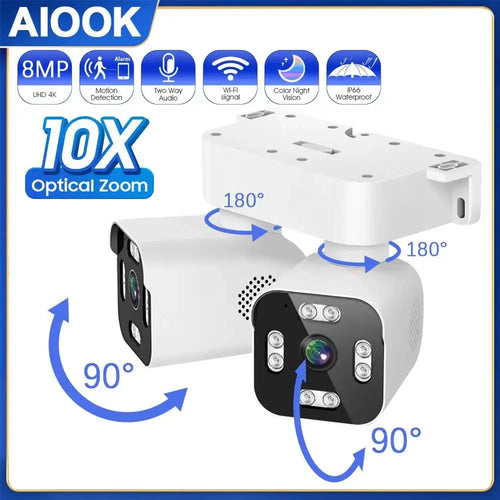 AIOOK Security Camera Outdoor Waterproof Dual Lens HD 8MP 4K 10X Zoom