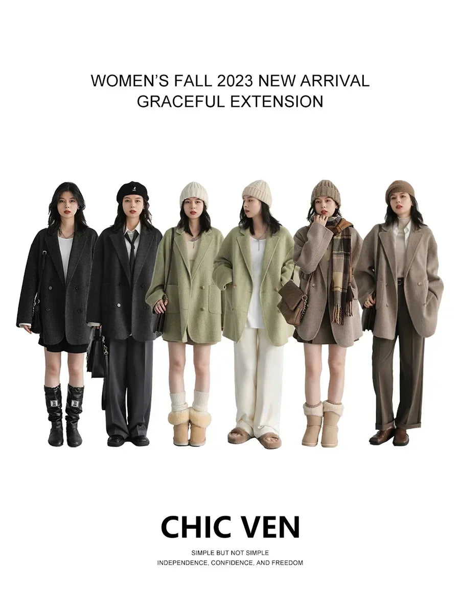 CHIC VEN Women's Woolen Coats Loose Casual Double Breasted Retro