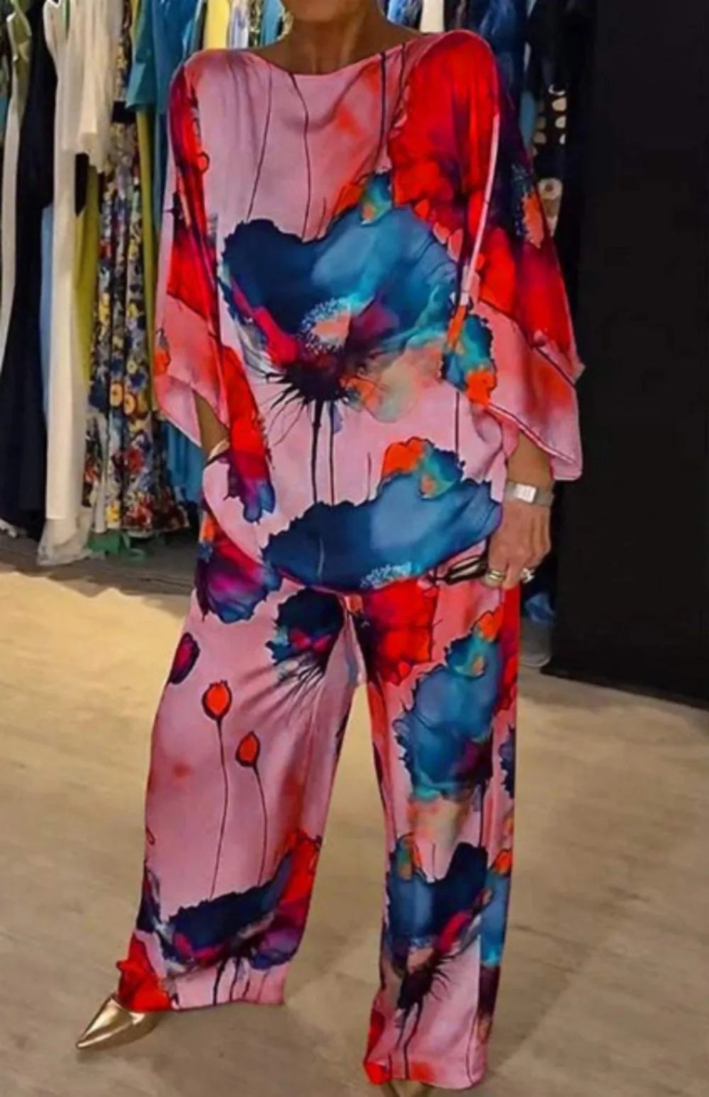 Conjuntos Para Mujeres 2 Piezas Women Printed Satin Two-piece Set, 3/4