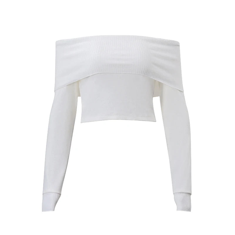 WhereMery Elegant Slash-neck Ribbed Solid Crop Tops Autumn Skinny Off