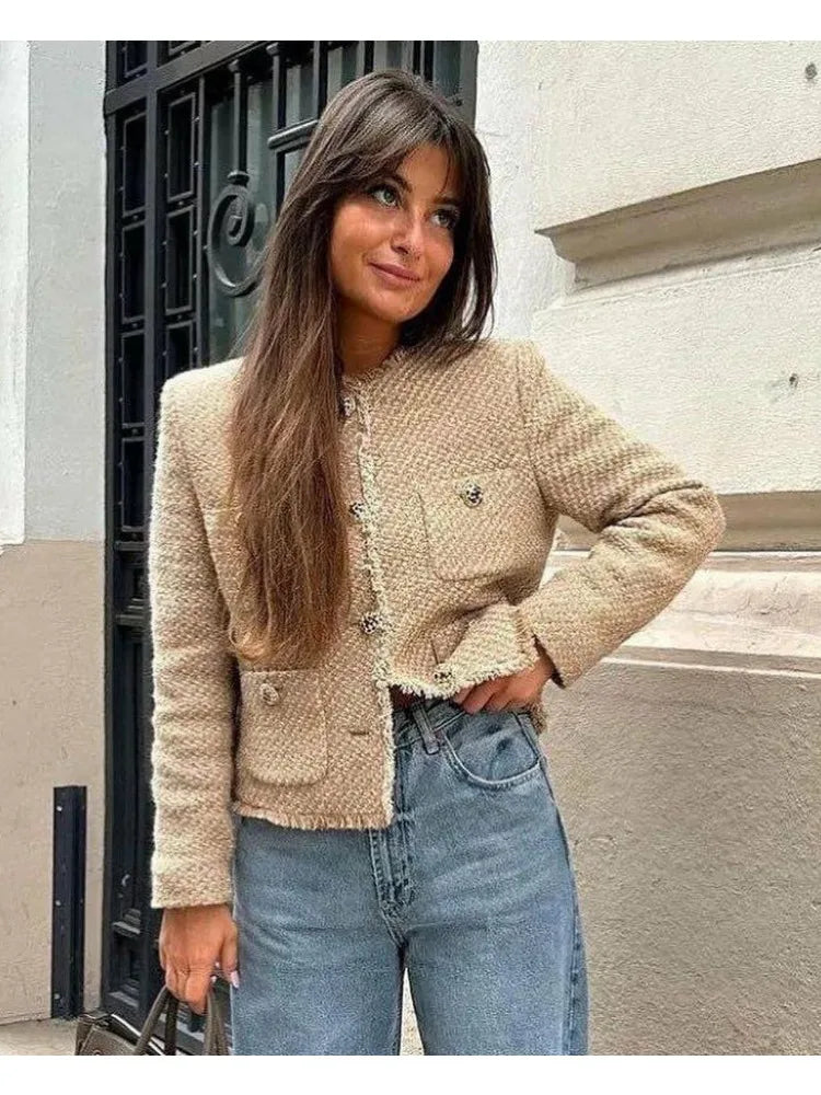 Chic Female Tweed Basic Jacket Coat Women Clothing Woolen Outerwear