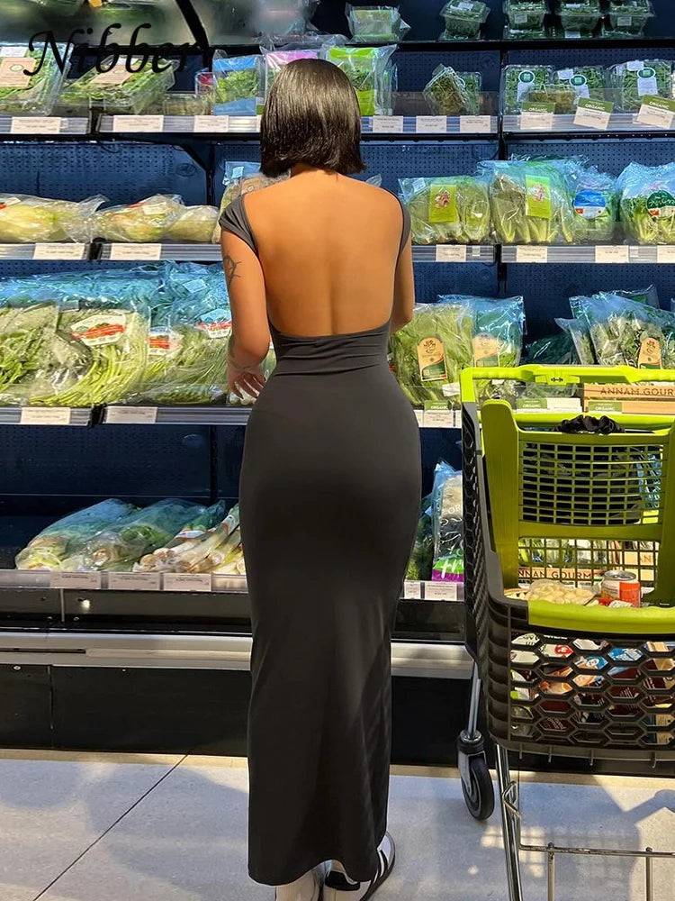 Nibber Solid Sexy Backless Maxi Dress Women Elegant Elastic Slim Short