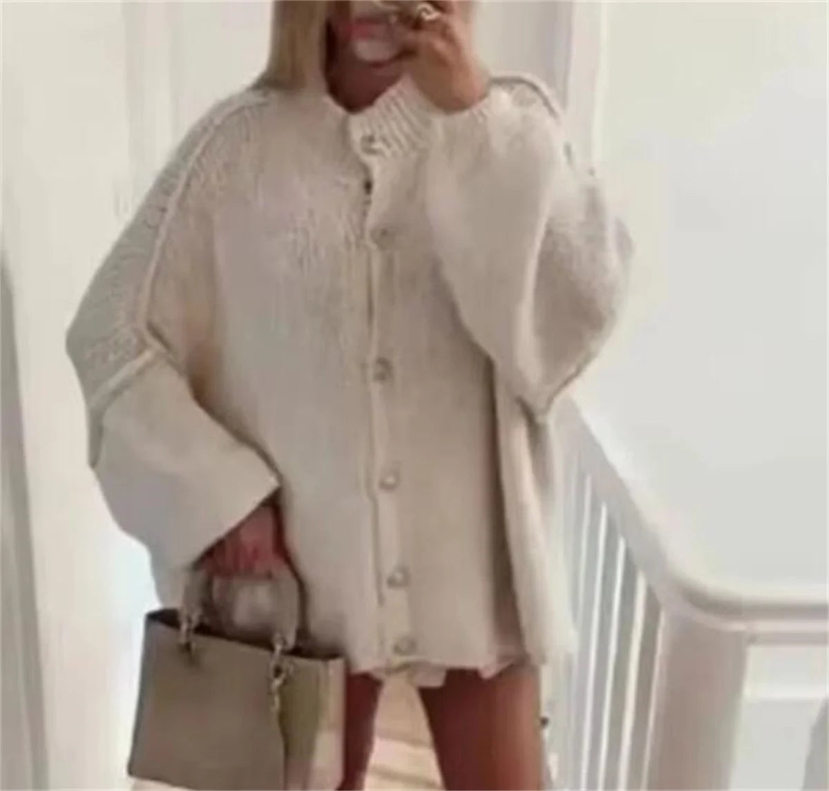 French Fashion Loose Sweater For Women O-neck Metal Button Cardigan