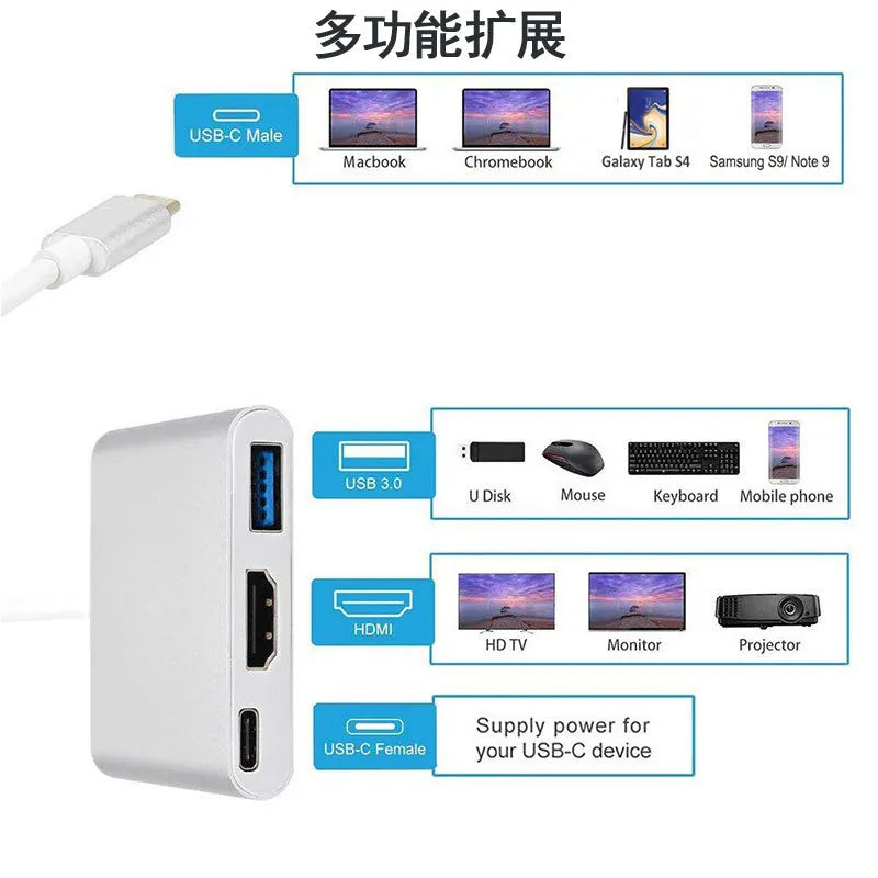 4K TYPE C to HDMI-Compatible Adapter USB 3.0 Hub Type C Charging