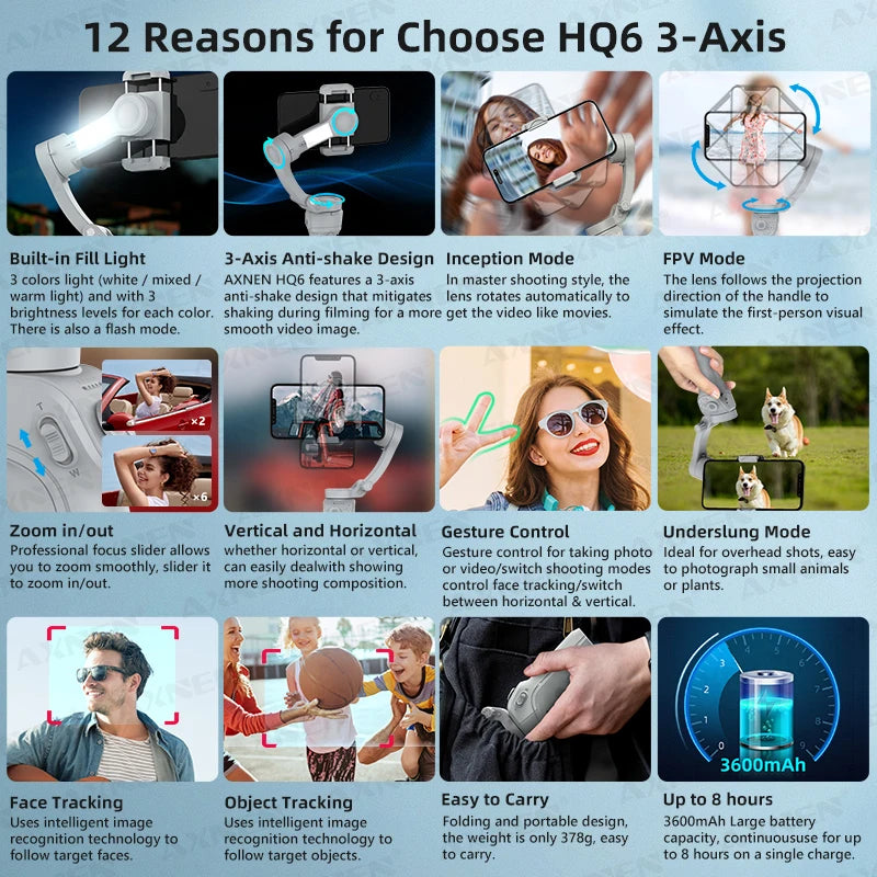 AXNEN HQ6 Gimbal for Smartphone, 3-Axis Handheld Gimbal, with Smart