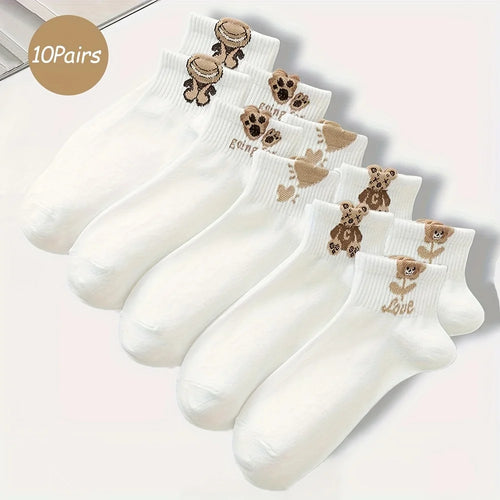 5/10/20 Pairs Women Cartoon Teddy Bear Patterned Ankle Socks Versatile