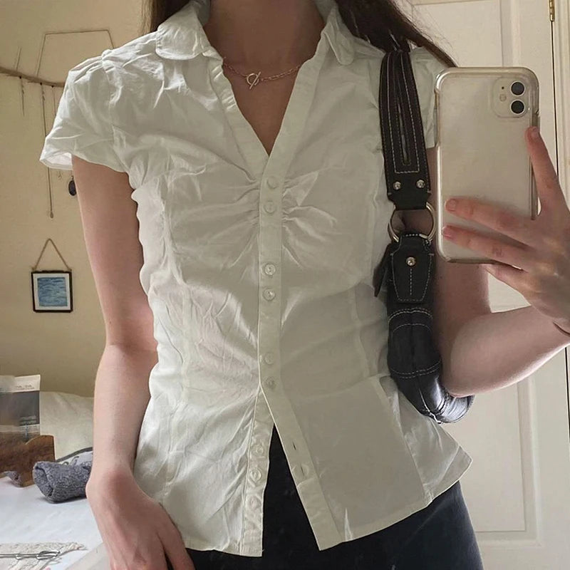 CIBBAR Vintage Folds Crop Top White Button Up Short Sleeve Blouse