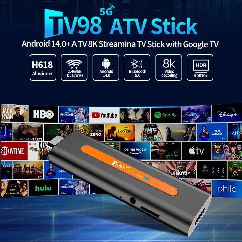 ATV Smart TV Stick Android 14 Support HD 8K Video 4K BT5.0 WiFi 6