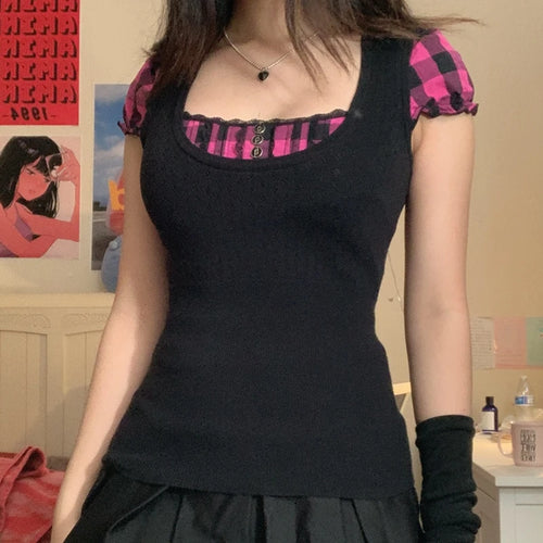 Korean Kawaii Patchwork Women T-shirt Y2K Aesthetic Vintage Milkmaid