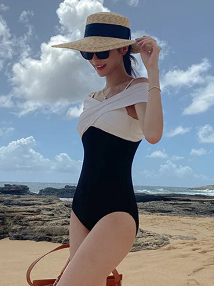 Black White Off The Shoulder Swimwear Women 2024 Sexy Short Sleeve One