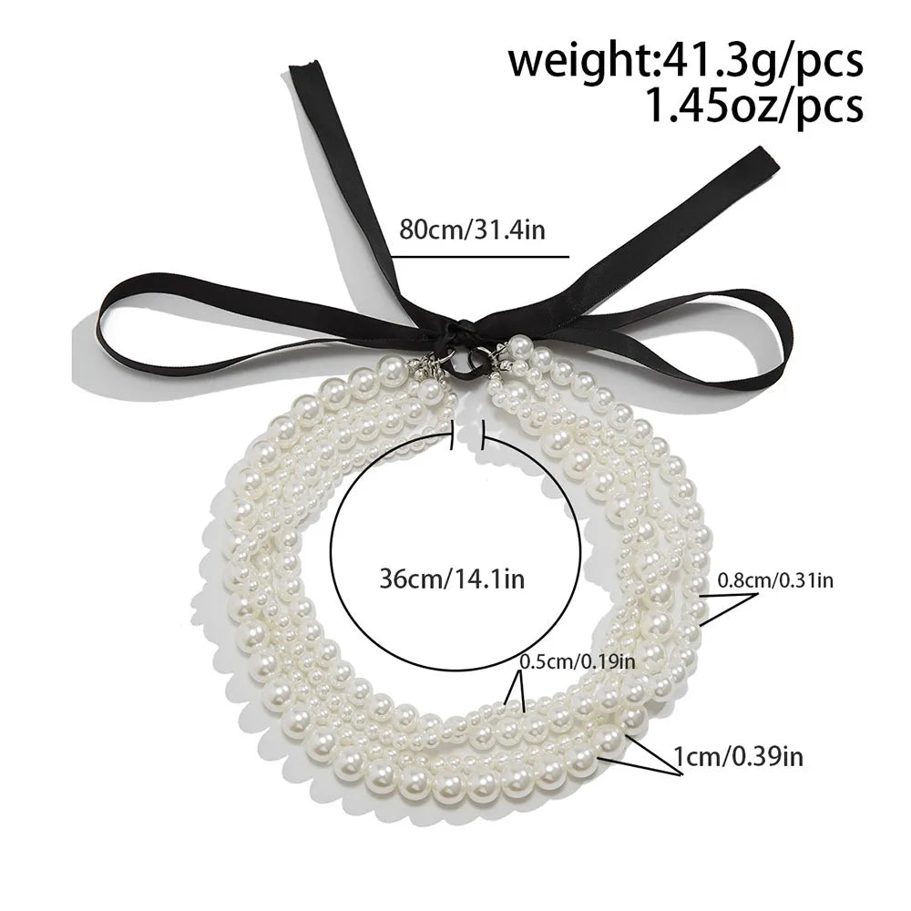 Elegant Imitation White Pearl Multi-layer Long Black Ribbon Choker