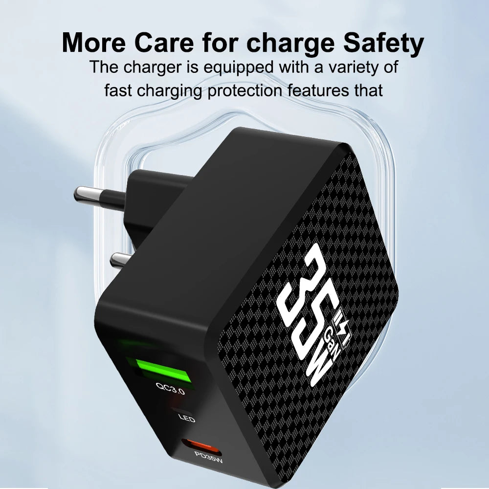 2 Ports Mini 35W GaN USB Type C Charger QC3.0 Portable Fast Charging
