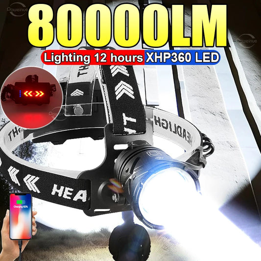 80000LM Powerful Headlamp USB Rechargeable Headlight Flashlight Large
