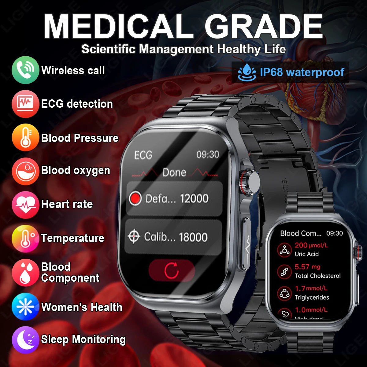 LIGE AMOLED Smart Watch ET585 Men ECG Blood Compositoin Health