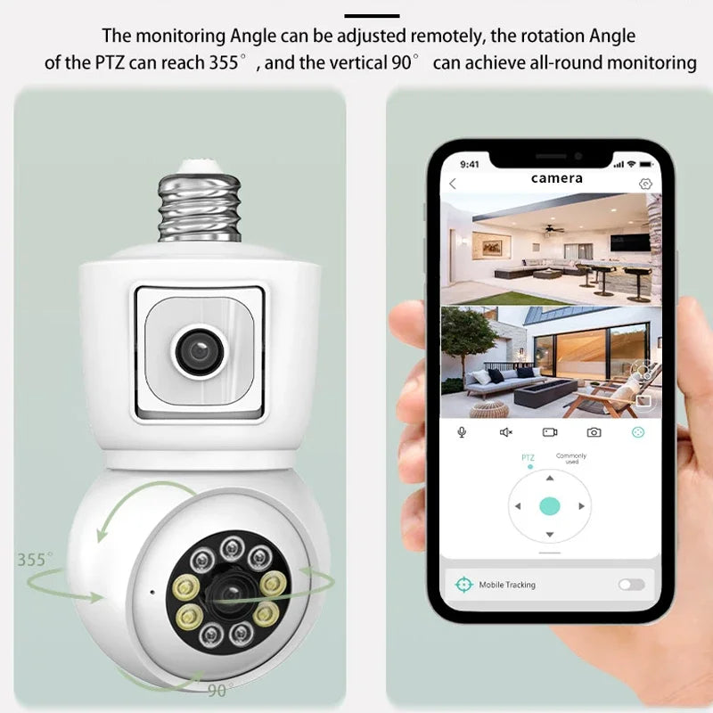 ICSEE 4K 8MP E27 Bulb WiFi Camera Dual Lens Dual Screen Auto Tracking