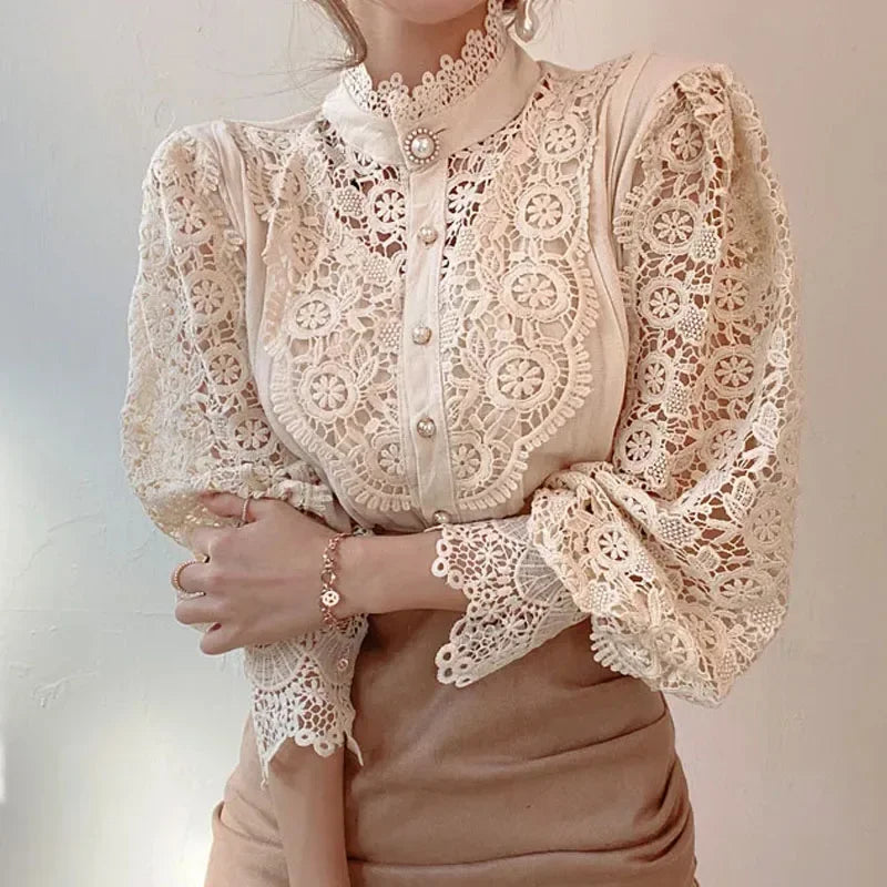 Fashion Long Sleeve Women Blouse Hollow Out Lace Blouse Shirt Tops
