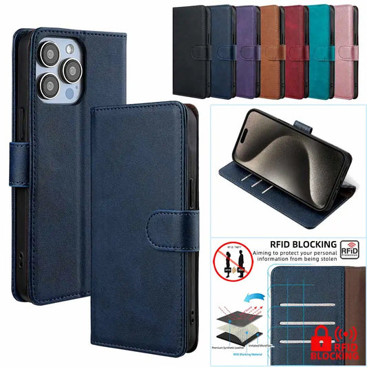 RFID Blocking Leather Flip Book Case For iPhone 16 Pro Max 16 15 Plus