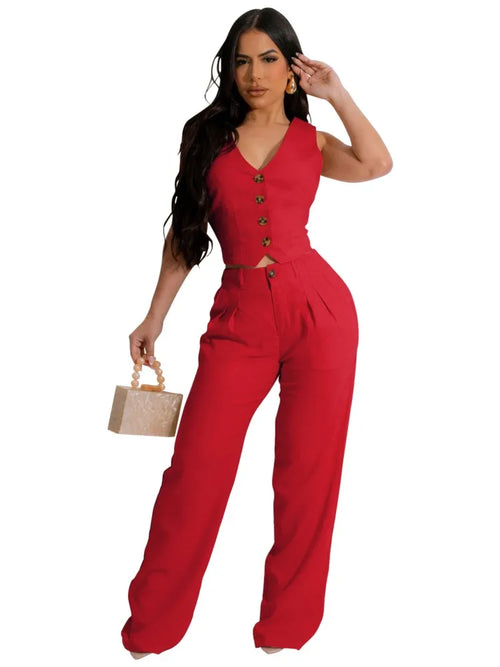 Fashion Sleeveless Vest Pants Women Solid Color Suit Spring Summer V