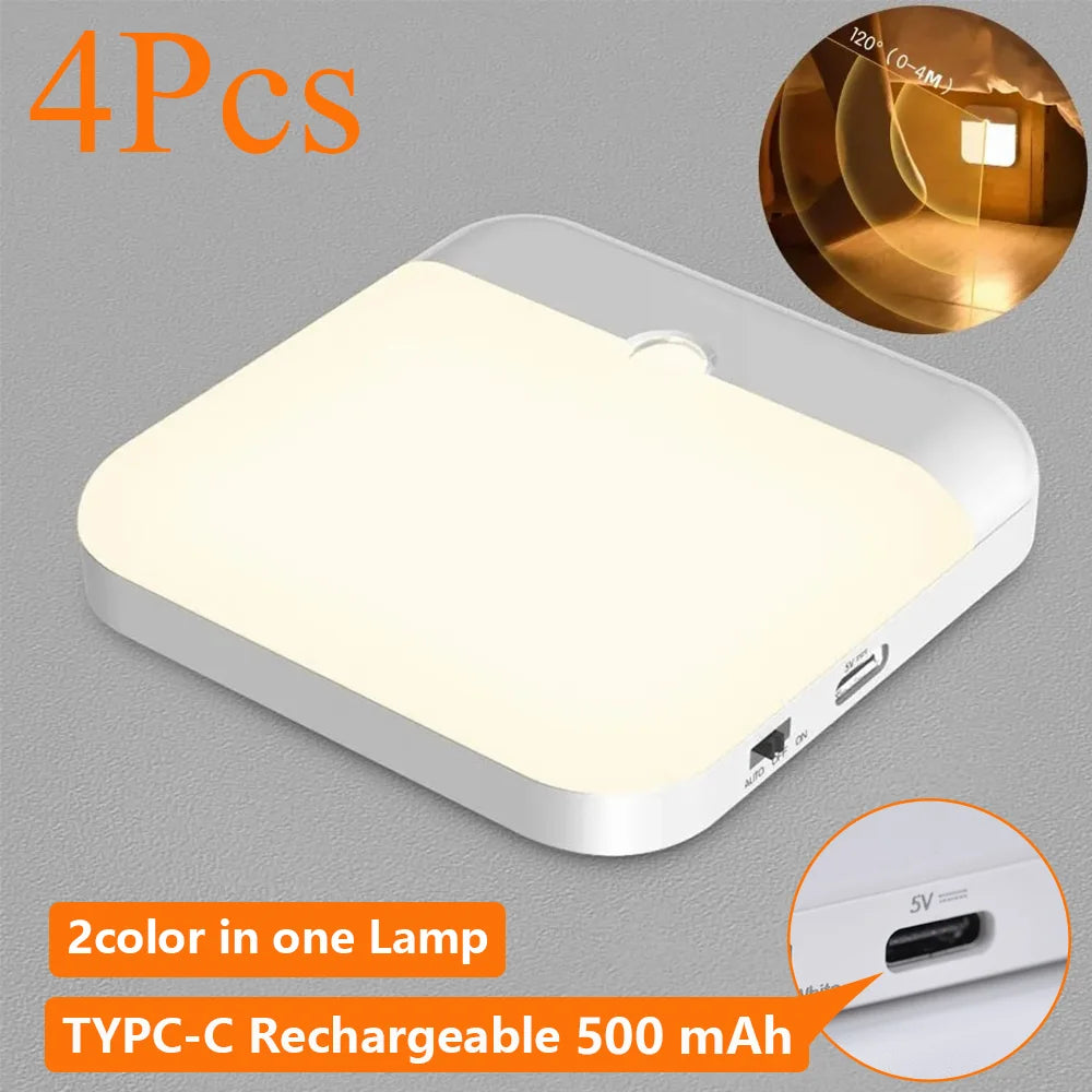 Motion Sensor Led Light Usb TYPE-C Charging Square Lamp for Bedroom