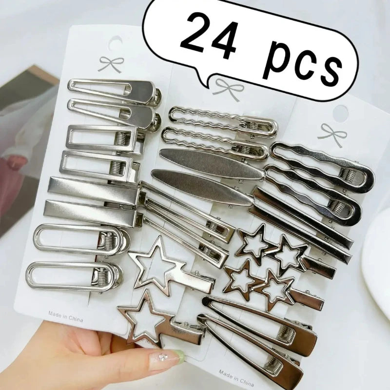 24Pcs Silver Y2k Hair Clips for Women Elegant Metal Duckbill Clip