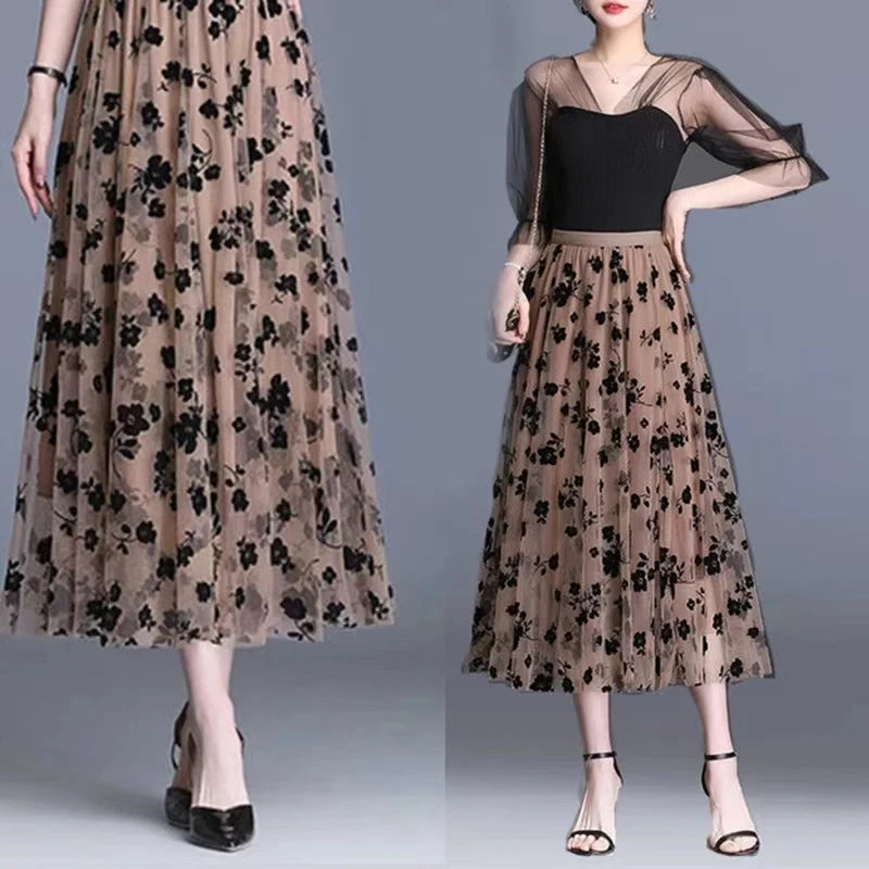 Korean Women Tulle Skirt Fashion Summer Hook Floral Loose Midi Skirt