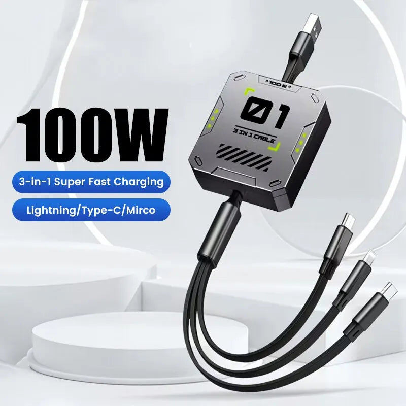 3 In 1 Retractable Phone Data Cable Type C Usb 100W Fast Charging