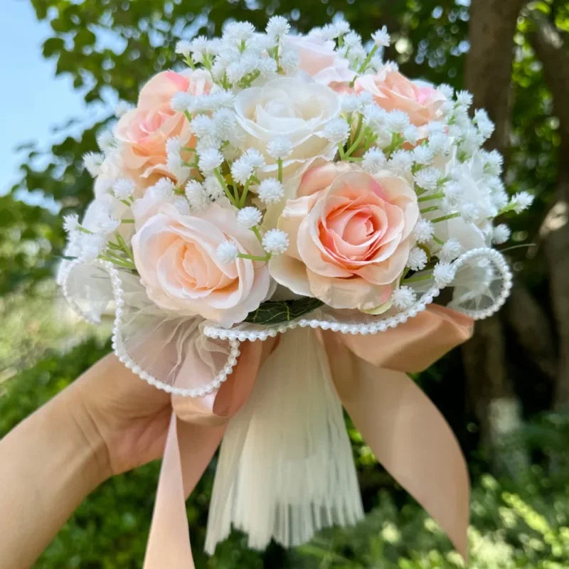 Wedding Bouquets for Bride Babysbreath Rose Bridesmaid Bouquets Silk