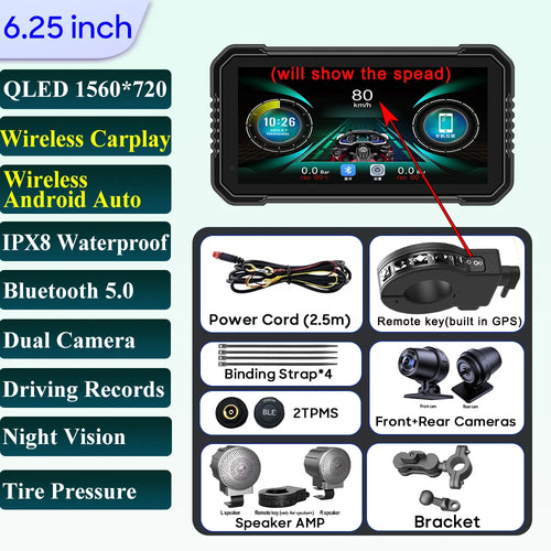 6.25 inch Motorcycle Navigation Screen 1560*720 Wireless CarPlay